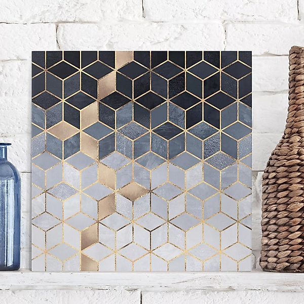 Leinwandbild Abstrakt - Quadrat Blau Weiß goldene Geometrie günstig online kaufen