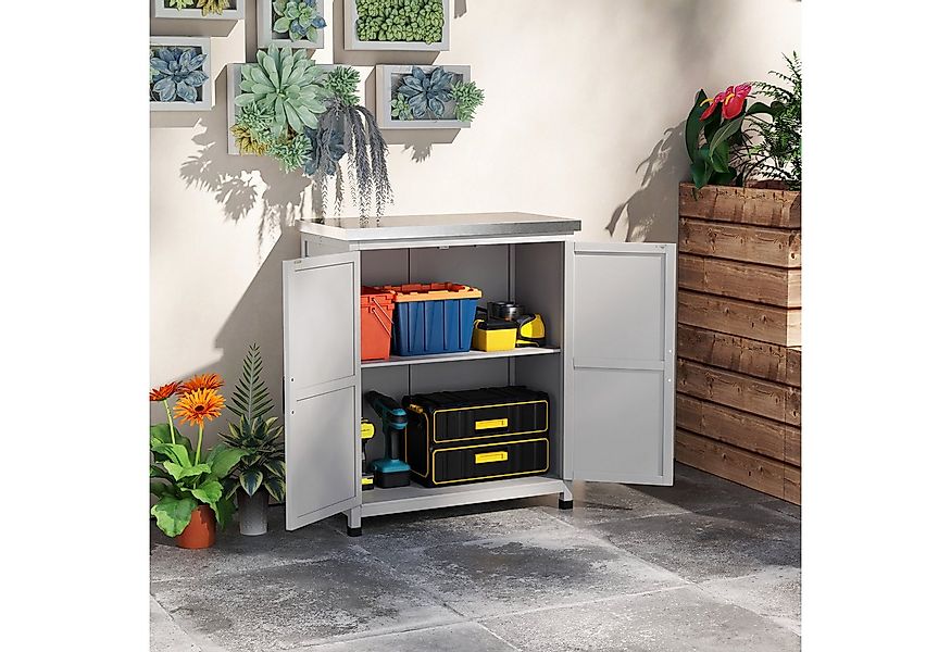 Outsunny Geräteschrank Outdoor, wetterfest, mit Arbeitsplatte, Doppeltür, E günstig online kaufen
