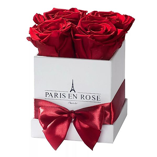Rosenbox eckig Weiß mit Schleife und 4 Bordeaux Rosen günstig online kaufen