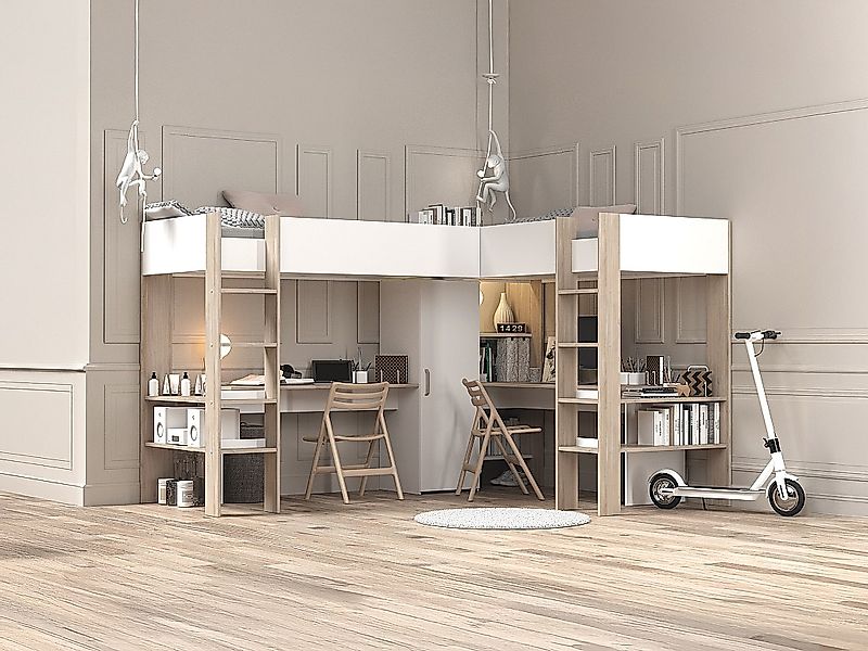 Doppel-Eckhochbett mit Stauraum & Schreibtisch + Matratze - 2 x 90 x 200 cm günstig online kaufen