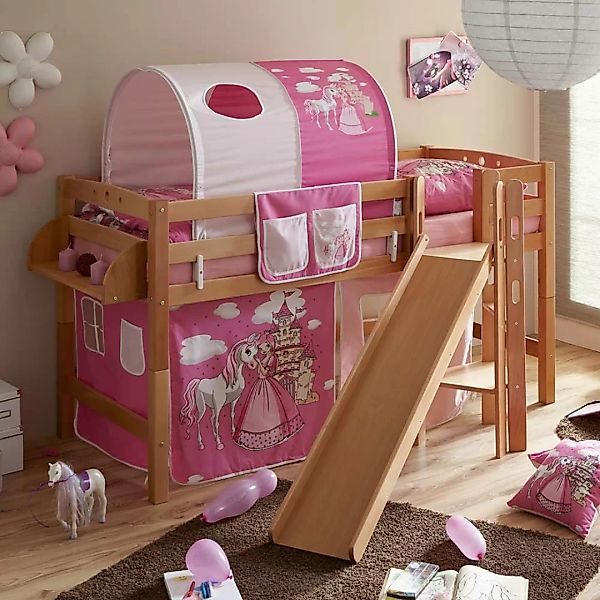 Mädchen Kinderbett im Prinzessin Design Rutsche und Vorhang in Pink günstig online kaufen