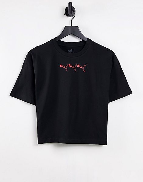 Puma – T-Shirt mit All-over-Markenlogomuster in Schwarz günstig online kaufen