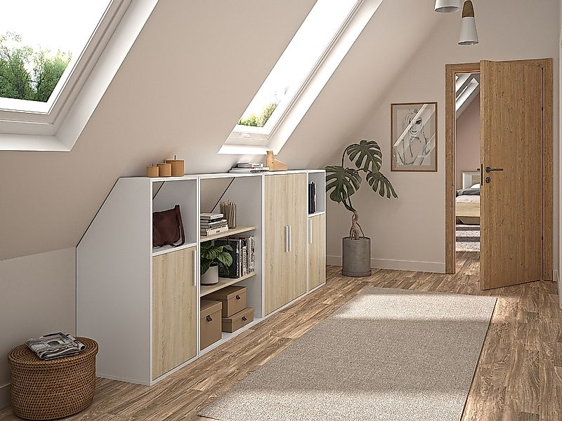 Schrank unter Dachschräge mit 4 Türen, 2 Regalböden & 2 Fächern - Weiß & Ho günstig online kaufen