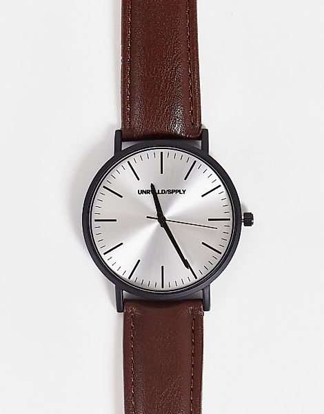 ASOS DESIGN – Klassische Uhr mit Gehäuse in Mattschwarz und Armband in Brau günstig online kaufen