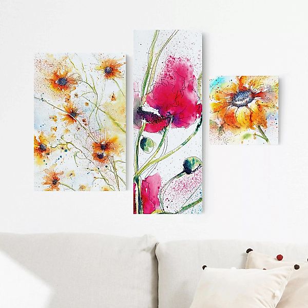3-teiliges Leinwandbild - Querformat Watercolor Flower Power günstig online kaufen