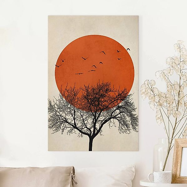Leinwandbild Vogelschwarm vor roter Sonne II günstig online kaufen
