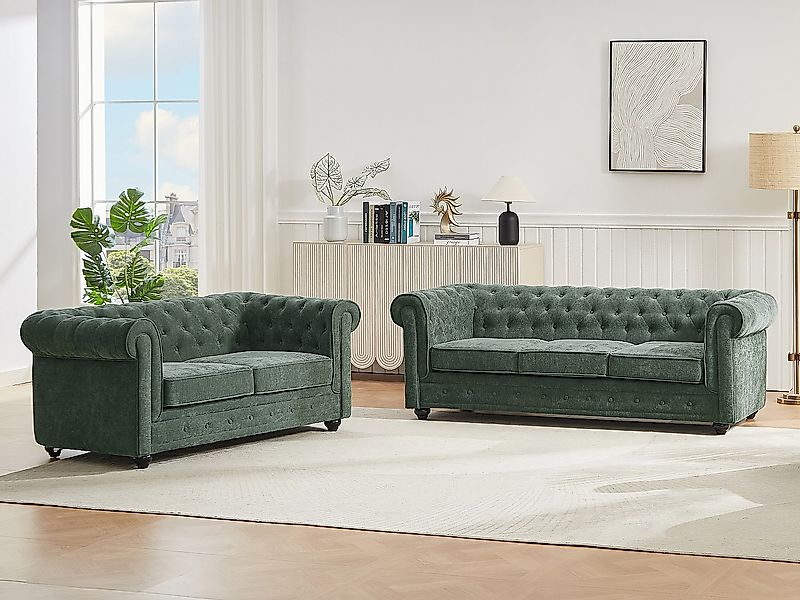 Sofa 3-Sitzer & 2-Sitzer - Stoff - Grün - CHESTERFIELD günstig online kaufen