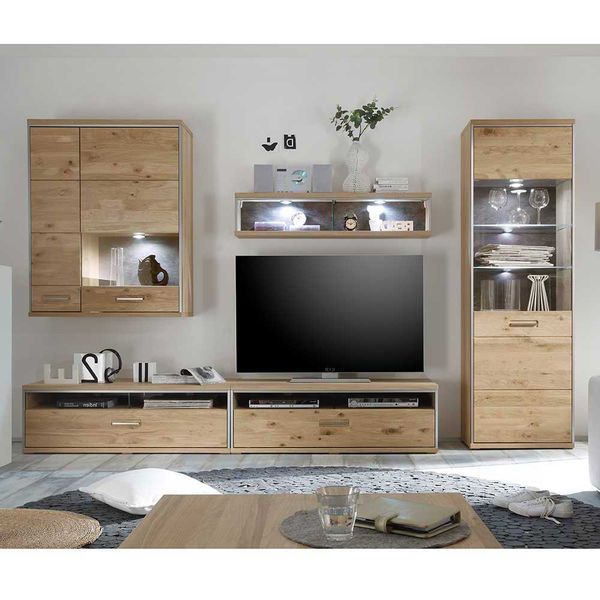 Landhaus Wohnwand in Asteiche Bianco furniert Silberfarben (fünfteilig) günstig online kaufen