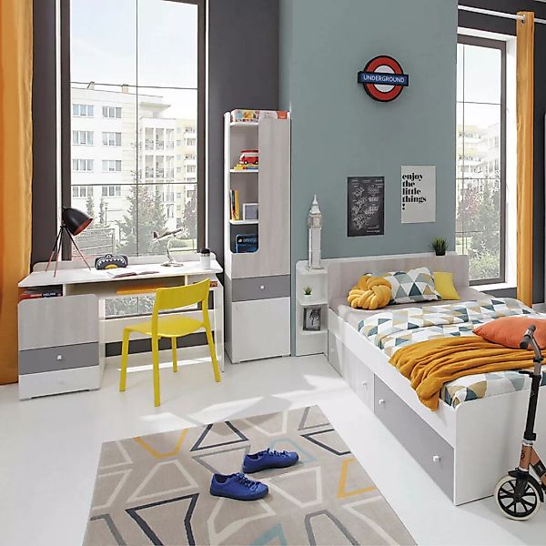 Jugendzimmer Set mit Bett 90x200cm Liegefläche, Bettschubladen weiß, Eiche günstig online kaufen