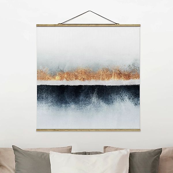 Stoffbild Abstrakt mit Posterleisten - Quadrat Goldener Horizont Aquarell günstig online kaufen