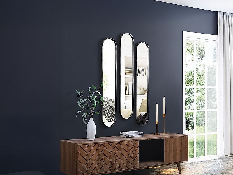 3er-Set Spiegel oval - 23 x 120 cm - Metall - Schwarz - JAYLEN günstig online kaufen