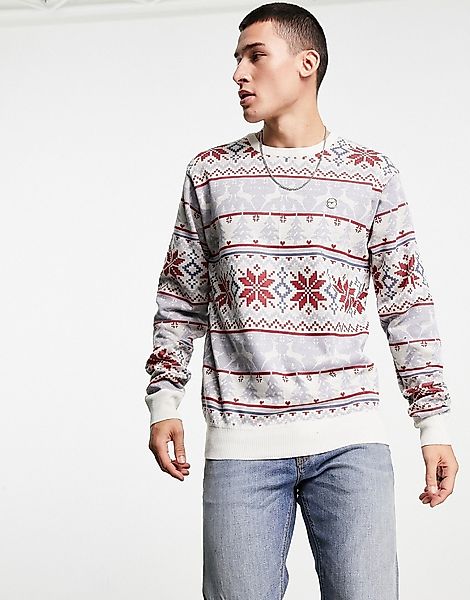 Le Breve – Pullover in Ecru mit weihnachtlichem Norwegermuster-Weiß günstig online kaufen