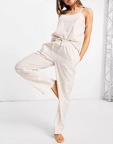 Loungeable – Langes Pyjama-Set mit Camisole und Vichy-Karo in natürlichen F günstig online kaufen