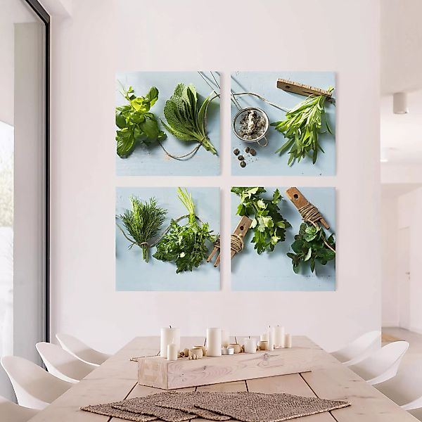 4-teiliges Leinwandbild Küche - Quadrat Gebündelte Kräuter günstig online kaufen
