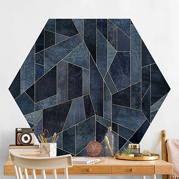 Hexagon Mustertapete selbstklebend Blaue Geometrie Aquarell günstig online kaufen