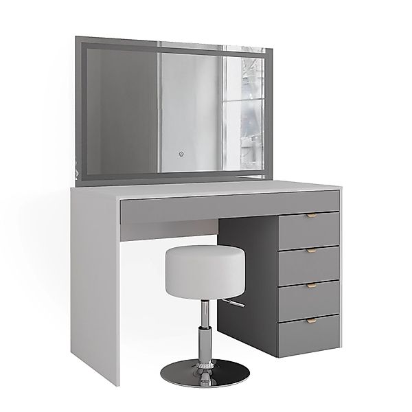 Vicco Schminktisch Elise Weiß/Grau/Grau/Grau 115 cm mit LED-Spiegel & Hocke günstig online kaufen