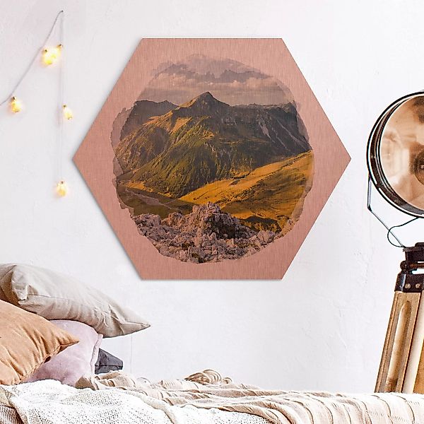 Hexagon-Alu-Dibond Bild Wasserfarben - Berge und Tal der Lechtaler Alpen in günstig online kaufen