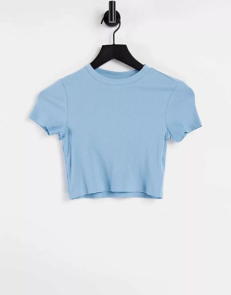 Monki – Karo – T-Shirt in Blau mit kurzem Schnitt aus Bio-Baumwolle günstig online kaufen