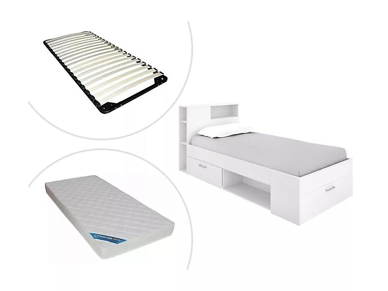 Bett mit Kopfteil, Stauraum & Schublade - 90 x 190 cm  + Matratze + Lattenr günstig online kaufen