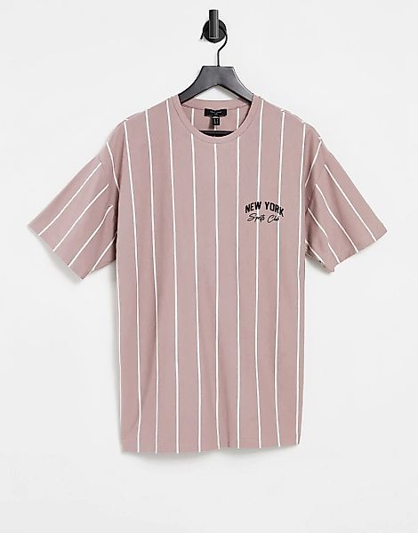 New Look – T-Shirt mit „New York“-Stickerei und vertikalen Streifen-Rosa günstig online kaufen