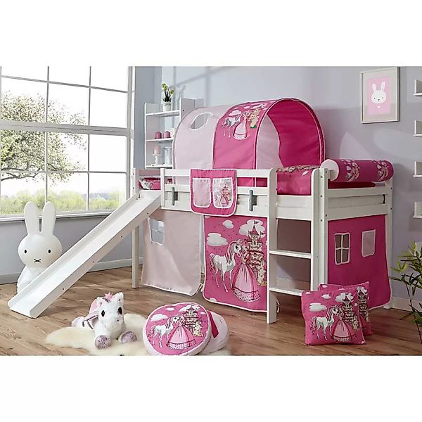 Mädchenhochbett in Weiß Rosa und Pink Rutsche günstig online kaufen