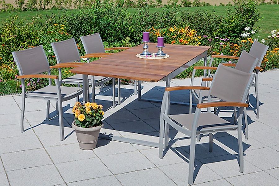 MERXX Garten-Essgruppe »Naxos« 6x Stapelsessel, 1x Ausziehtisch 150(200)x90 günstig online kaufen