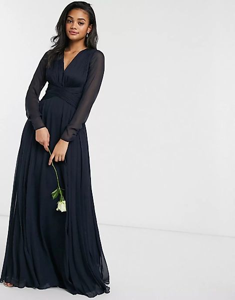 ASOS DESIGN Bridesmaid – Langärmliges Maxikleid mit geraffter Taille und Pl günstig online kaufen