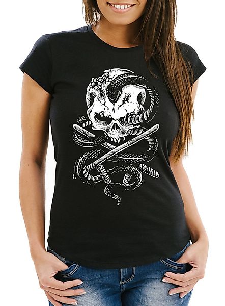 Neverless Print-Shirt Damen T-Shirt Totenkopf Schlange günstig online kaufen