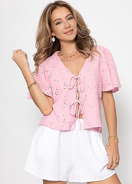 SASSYCLASSY Langarmbluse Musselin Bluse zum Binden Damen mit Lochstickerei günstig online kaufen