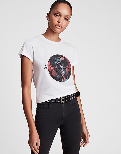 AllSaints – Anna – T-Shirt in Weiß mit Logoprint günstig online kaufen