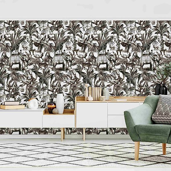 Mustertapete Elefanten Giraffen Zebras und Tiger Schwarz-Weiß mit Braunton günstig online kaufen