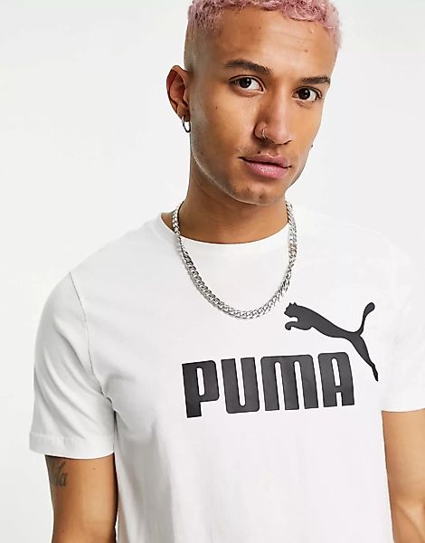 Puma – Essentials – Kurzärmliges T-Shirt mit großem Logo in Weiß günstig online kaufen