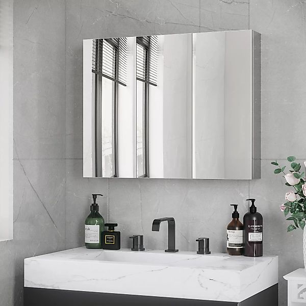 kleankin Badezimmerschrank  Spiegelschrank Hängeschrank mit 3 Glastüren & 5 günstig online kaufen