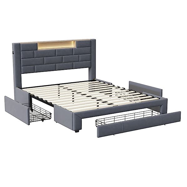 PXloue Doppelbett 160x200cm mit 3 Schubladen und LED&Ladefunktion Samt Grau günstig online kaufen