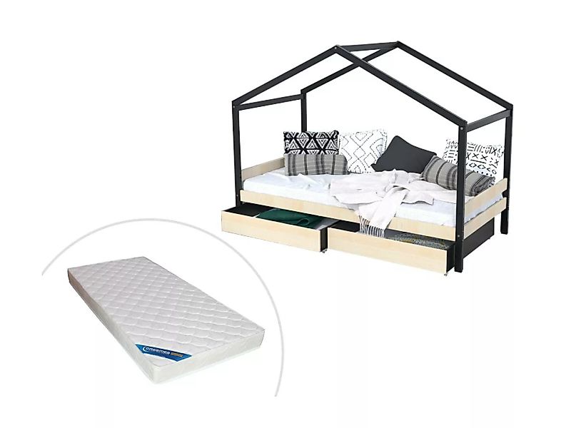 Kinderbett Hausbett mit 2 Schubladen + Matratze - 90 x 190 cm - Fichte mass günstig online kaufen