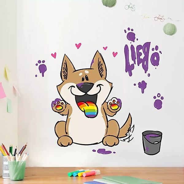 Wandtattoo Pummeleinhorn - Hund mit Farbeimer günstig online kaufen