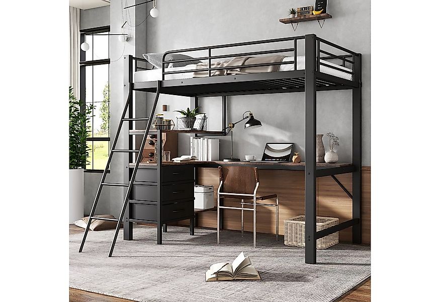 Flieks Hochbett Metallbett Kinderbett 90x200cm mit Tisch, Regal und Schubla günstig online kaufen