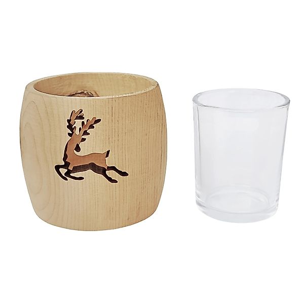 Erst-Holz Zirben Teelichthalter mit Glas und Ausschnitt Hirsch günstig online kaufen