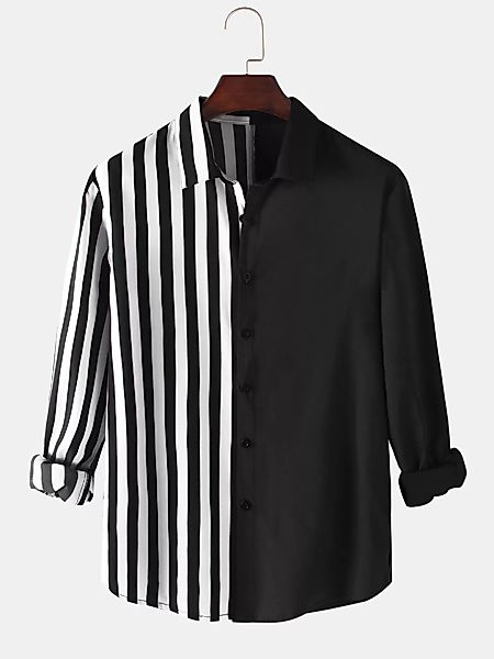 Herren Kontrast Patchwork Streifen Relaxed Fit Casual Langarmhemden günstig online kaufen