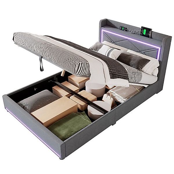 Rutaqian Bettgestell Hydraulisches Stauraumbett mit USB-Anschluss,LED-Licht günstig online kaufen