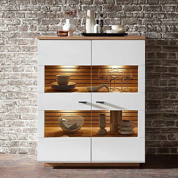 Highboard mit Beleuchtung 110cm breit, weiß mit Eiche, FALLON-55 günstig online kaufen