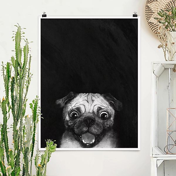 Poster - Hochformat Illustration Hund Mops Malerei auf Schwarz Weiß günstig online kaufen