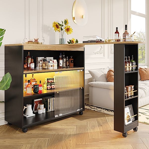 Bartisch, ausziehbarer mit LED 138-204x39x105cm schwarz moderner teleskopis günstig online kaufen