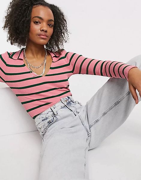 ASOS DESIGN – Gerippter Pullover mit offenem Kragen und Streifenmuster-Rosa günstig online kaufen
