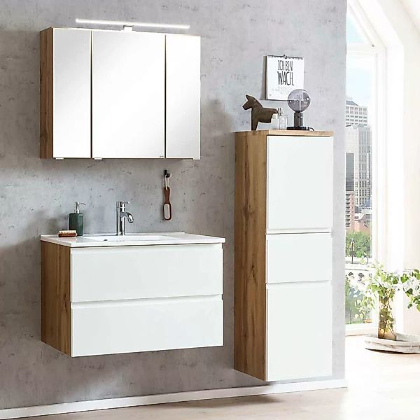 Badmöbel mit Spiegelschrank und Waschbecken Made in Germany (dreiteilig) günstig online kaufen