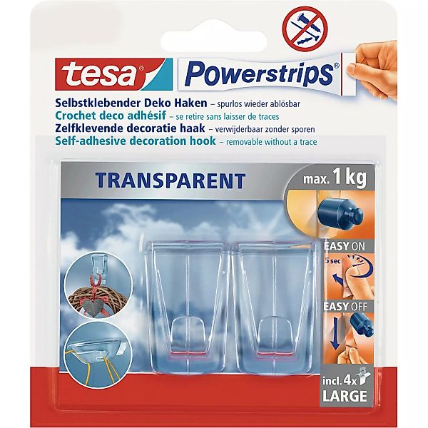 Tesa Powerstrips 2 Deko Haken Transparent mit 4 x Powerstrips Large günstig online kaufen
