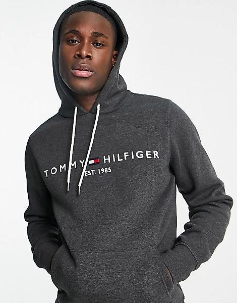 Tommy Hilfiger – Klassischer Kapuzenpullover in Dunkelgrau mit Logo günstig online kaufen
