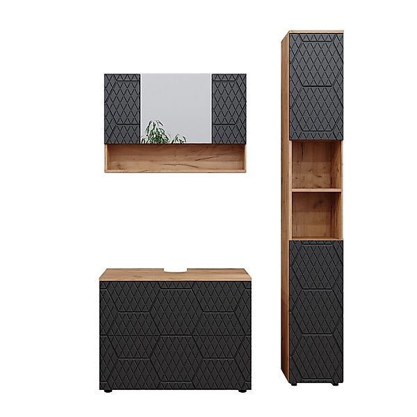 Vicco Badmöbel-Set Irma Goldkraft Eiche/Anthrazit 3 Teile mit Spiegelschran günstig online kaufen