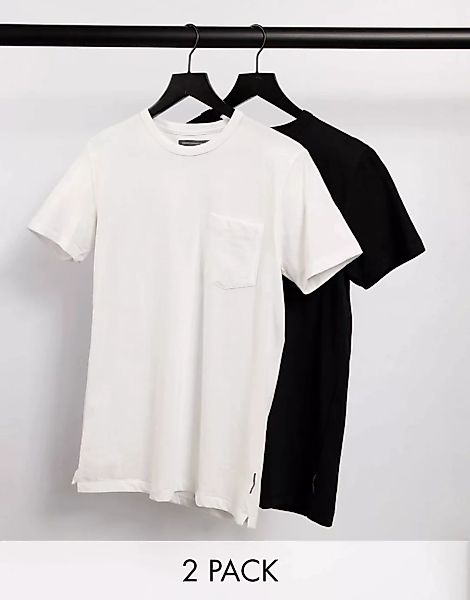 French Connection – T-Shirts mit Tasche in Schwarz und Weiß, 2er-Pack-Mehrf günstig online kaufen