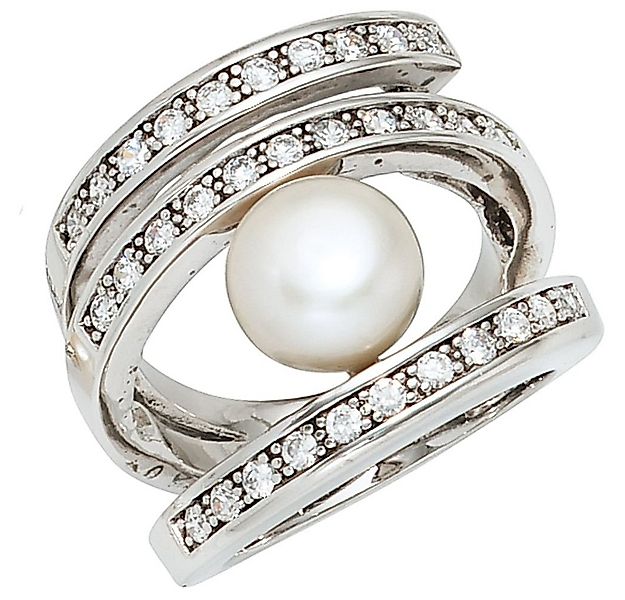 Schmuck Krone Silberring Ring mit 31 Zirkonia & Süßwasser Perle weiß, Silbe günstig online kaufen
